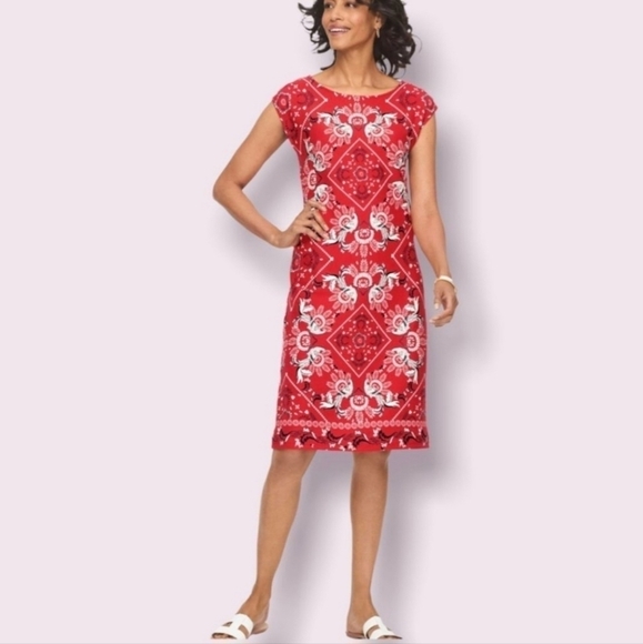 Talbots Handkerchief Peacock Print Sheath Red Cap Sleeve Dress Large Petite LP - Picture 1 of 8